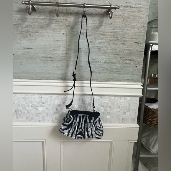 New Anthropologie sequin beaded animal clutch crossbody bag black white zebra - Picture 4 of 17